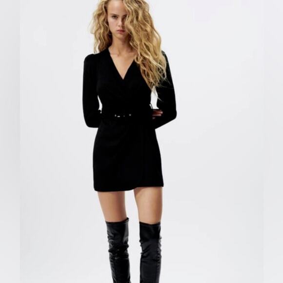 NWT Zara Blogger Favorite Faux Suede V-neck Long Sleeve Belted Mini Dress Large - Picture 1 of 14